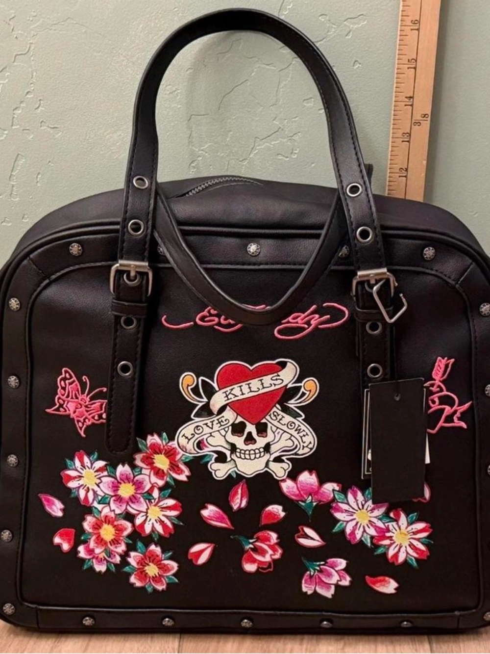 NWT Ed Hardy Satchel Bag Love Kills Slowly Skull Tattoo Y2K McBling Studded
